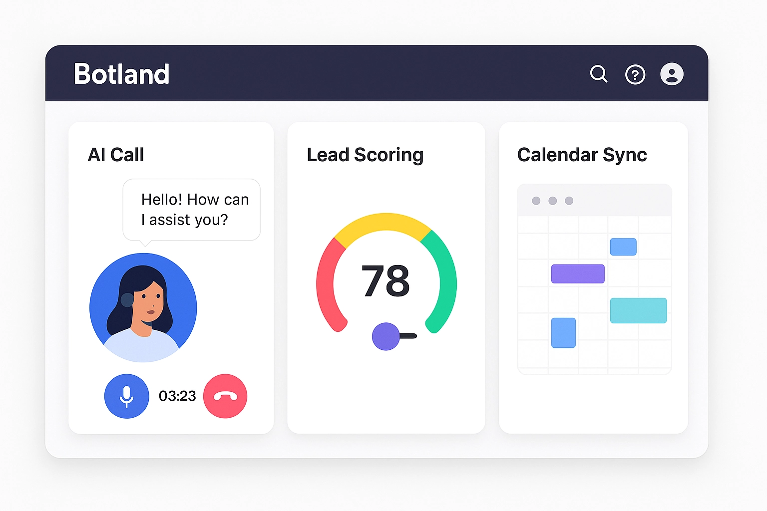 Botland interface showing an AI call, lead qualification, and calendar sync
